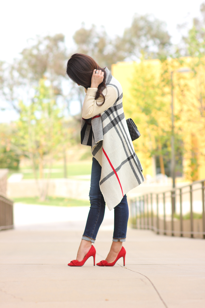 plaid cardigan red bow pumps fall outfit petite jeans
