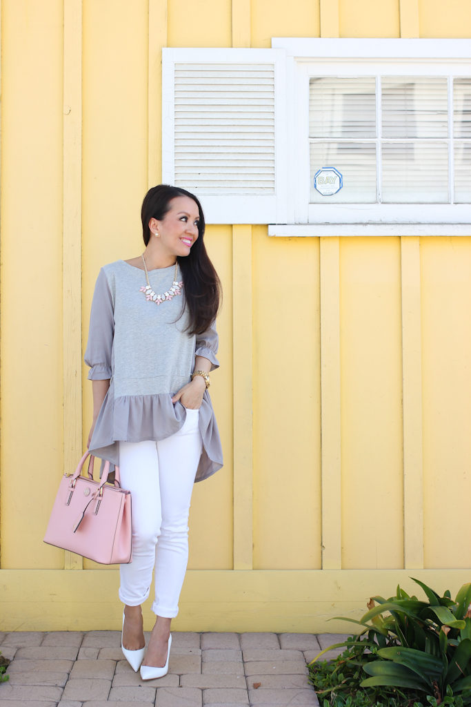 Chicwish my fav grey dolly top BP leaf necklace AG white jeans Manolo Blahnik white BB pumps Tory Burch Mini Robinson pink purse