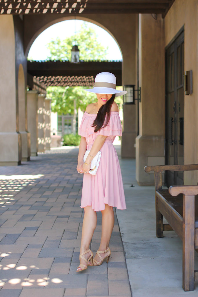 Chicwish Endless Off-shoulder Frilling Dress in Pastel Pink white floppy hat white clutch Isalo strappy nude sandals