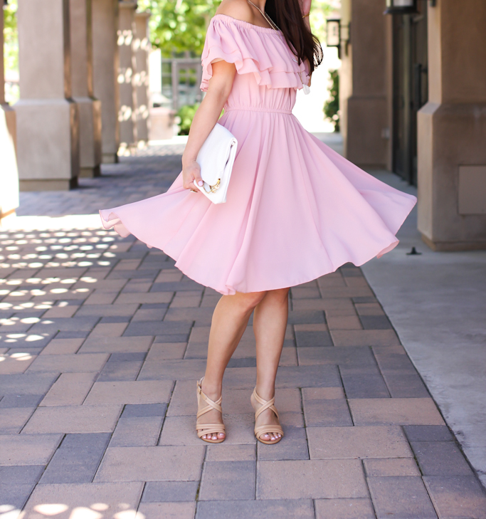 Chicwish Endless Off-shoulder Frilling Dress in Pastel Pink white floppy hat white clutch Isalo strappy nude sandals