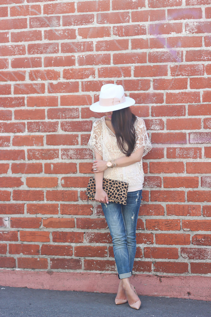 Chicwish lace crochet smock Vigoss distressed jeans Louboutin pigalle nude pumps Clare V leopard clutch white straw hat