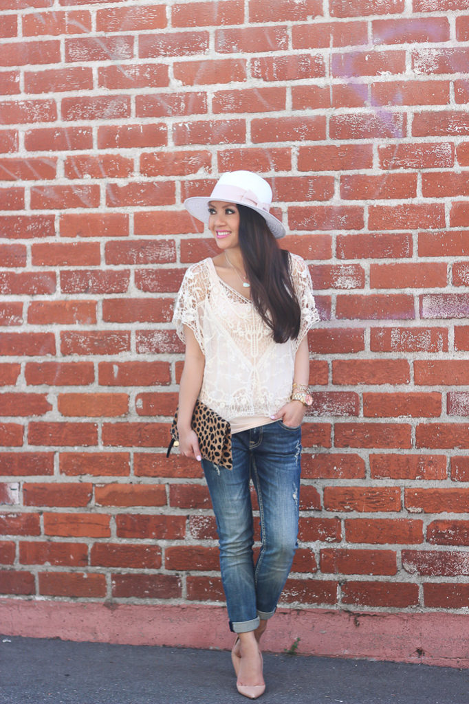 Chicwish lace crochet smock Vigoss distressed jeans Louboutin pigalle nude pumps Clare V leopard clutch white straw hat
