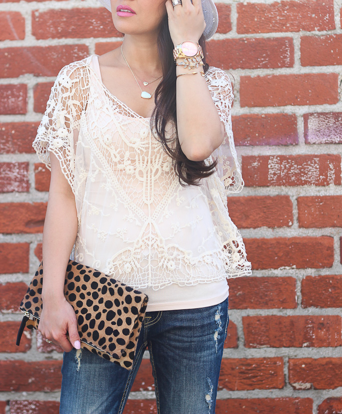 Chicwish lace crochet smock Vigoss distressed jeans Louboutin pigalle nude pumps Clare V leopard clutch Kendra Scott opal necklace