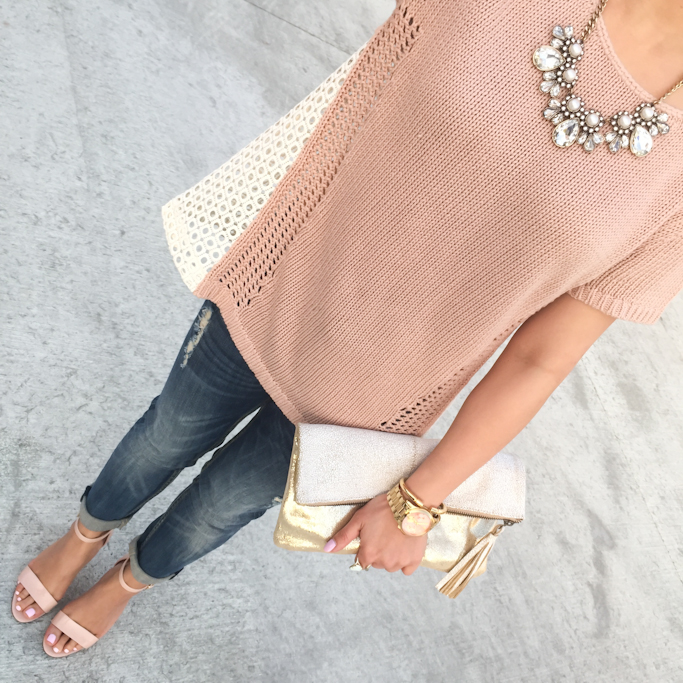 Anthropologie madeira eyelet back pullover sweater BP luminate nude sandals Loft crystal pearlized necklace Vigoss jeans Tarina shimmered pouch