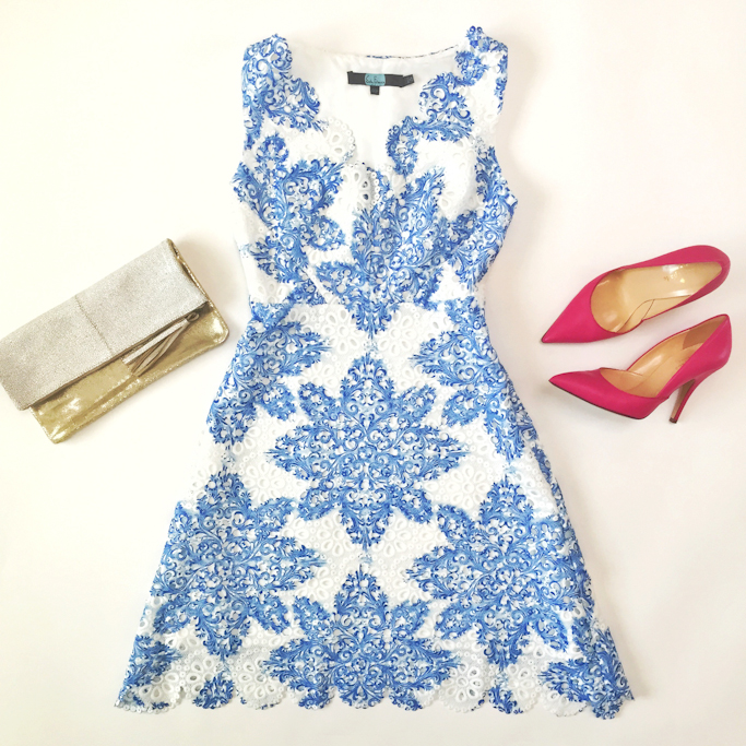 Anthropologie starflower scalloped lace dress Kate Spade lottie pumps Tarina shimmered pouch 