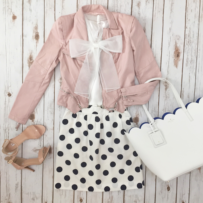 BlankNYC faux leather jacket Jcrew polka dot skirt nude sandals Kate Spade scalloped tote Chicwish bowknot organza top