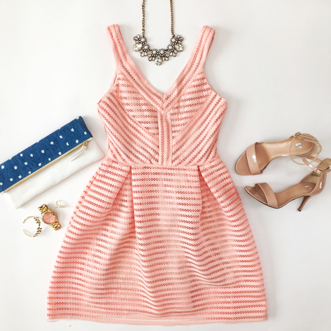 Sheinside pink hollow flare dress Clare V polka dot pouch BP luminate nude sandals Loft crystal pearlized necklace Michael Kors runway gold watch