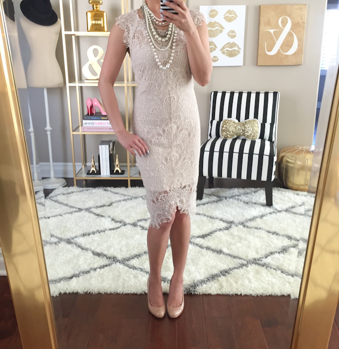 Ann Taylor crystal pearlized statement necklace nude louboutin pumps Free People peek-a-boo lace dress