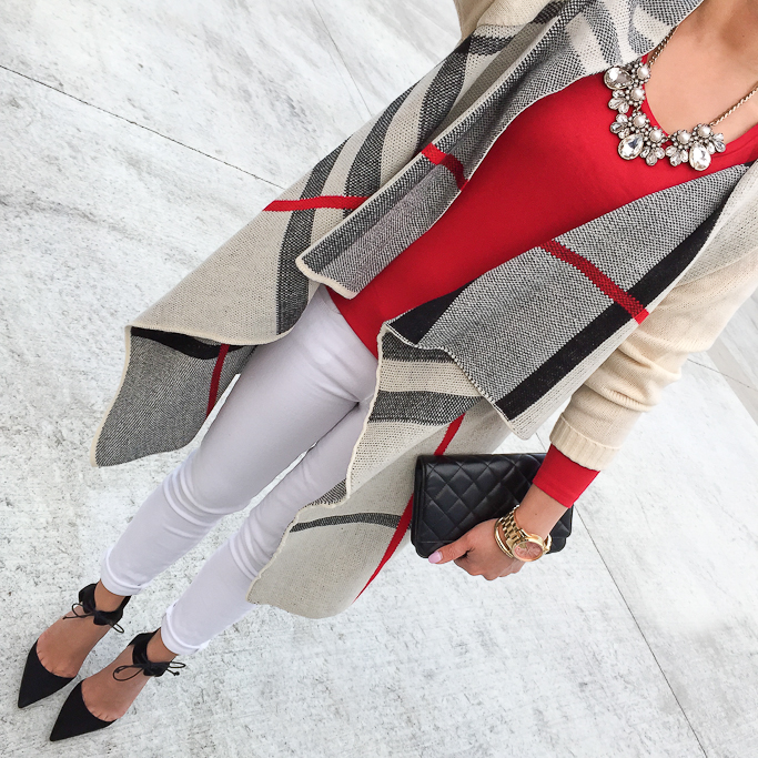 Sheinside plaid cardigan sweater Elin suede pumps Chanel WOC Ann Taylor red tee Loft crystal pearlized necklace