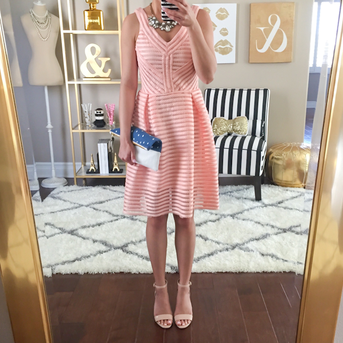 Sheinside v neck pink hollow flare dress Clare V polka dot pouch BP luminate sandals home office decor gold mirror dress form striped accent chair gold bow pillow