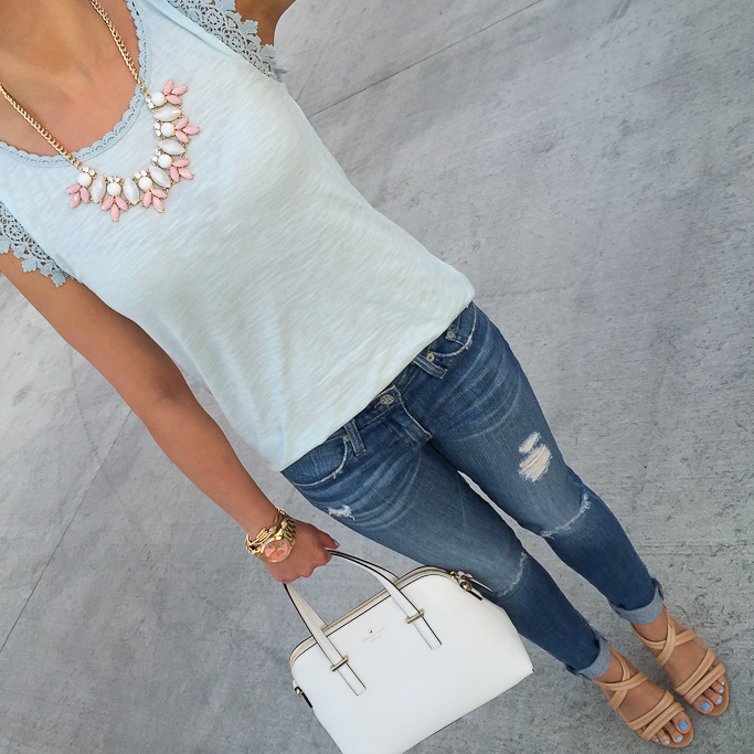 AG distressed super skinny jeans BP leaf necklace Isola nude strappy sandals Kate Spade cedar streeet maise white satchel Loft scallop lace tee