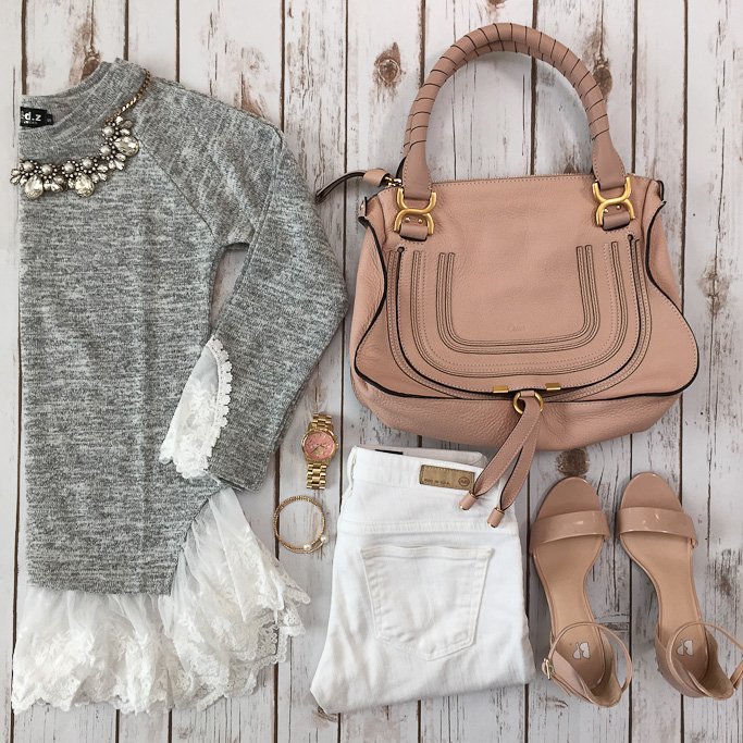 AG white jeans BP luminate blush nude sandals Chloe marcie small leather satchel Loft crystal statement necklace, Sheinside grey log sleeve contrast lace knit sweater