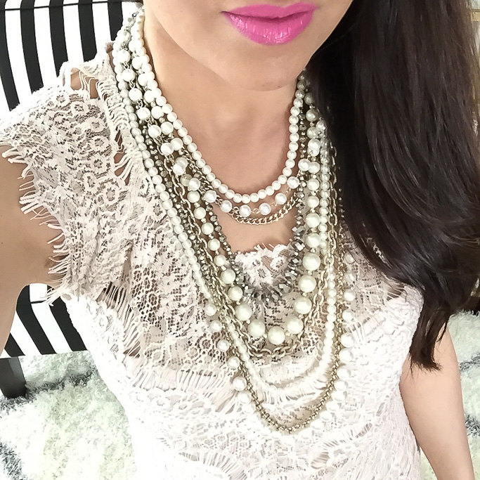 Ann Taylor crystal pearlized statement necklace Free People lace dress YSL fetish pink lipstick