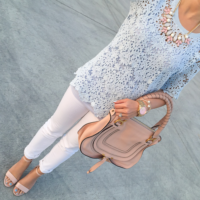BP leaf necklace BP luminate blush nude sandals Chicwish Baroque Lace Cutout Top in Blue Chloe marcie small leather satchel white jeans