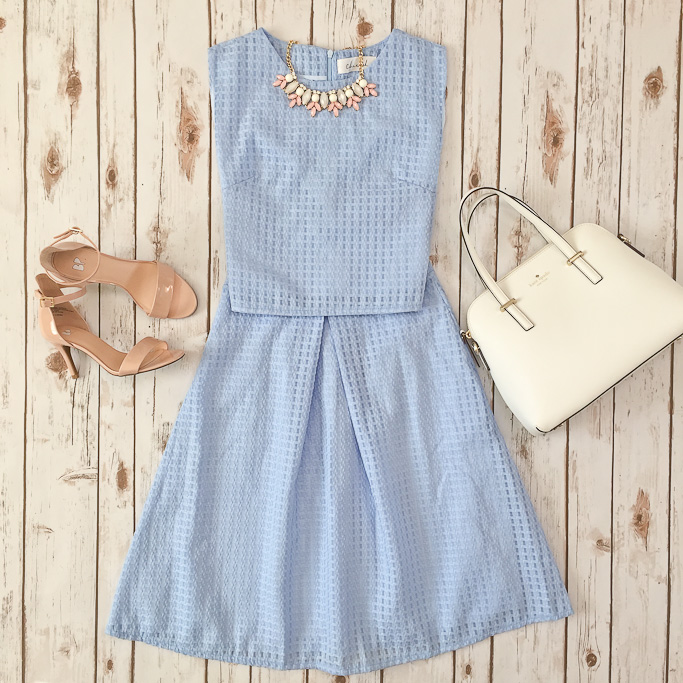 BP leaf necklace BP luminate blush sandals Chicwish Pastel Blue Top and Skirt Set flatlay Kate Spade cedar street maise satchel outfit layout