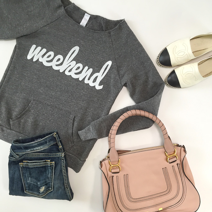 Chanel leather espadrilles Chloe marcie small leather satchel Ily Couture weekend sweatshirt Vigoss distressed skinny jeans