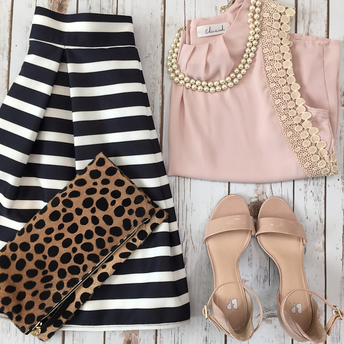 BP luminate sandals Chicwish pleats and posies chiffon blush nude top Chicwish striped tulip skirt Clare V leopard foldover clutch double strand pearl necklace