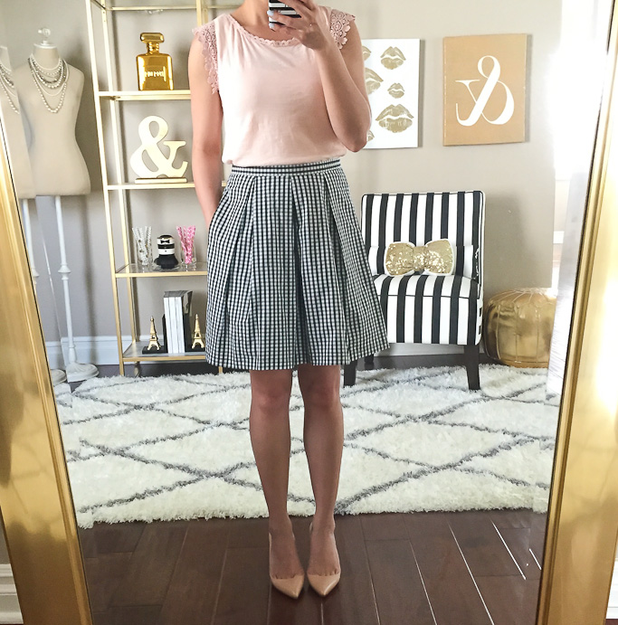 Loft scalloped lace tee Forever 21 box pleated gingham skirt 