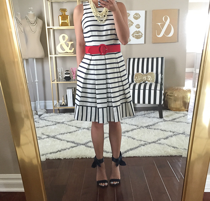 Eliza J petite striped fit & flare dress Ann Taylor jackie bow navy sandals multi-strand pearl necklace
