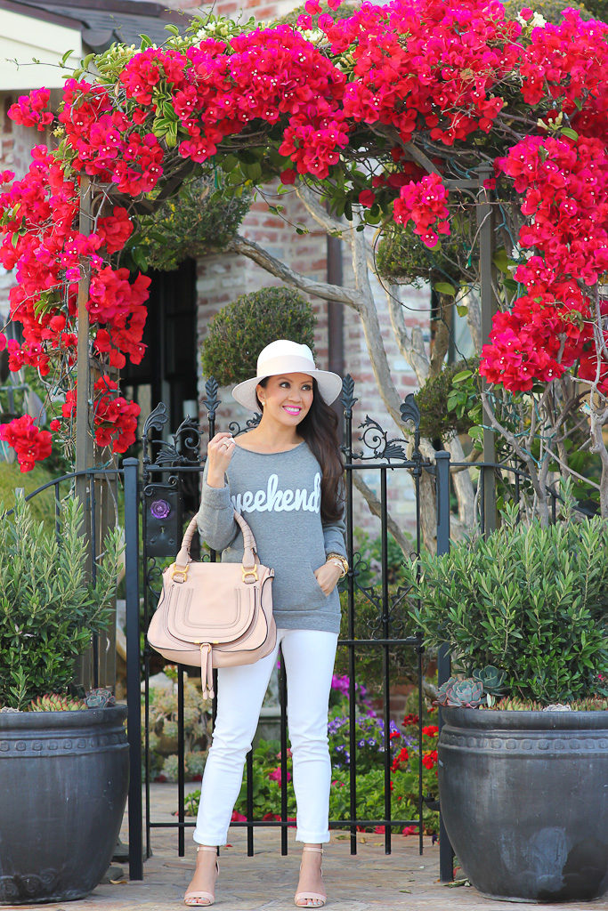 BP luminate blush nude sandals Chloe marcie small leather satchel Ily Couture double wrap crystal pearl bracelet, Ily Couture weekend sweatshirt pink ribbon panama hat white AG jeans