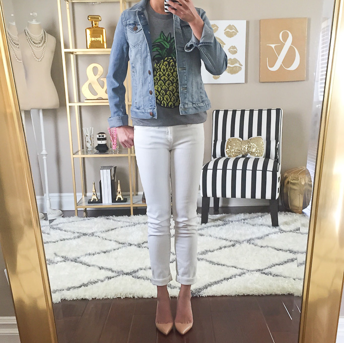 Loft denim jean jacket in moon wash AG white jeans Ily Couture pineapple tshirt nude louboutin pigalle pumps