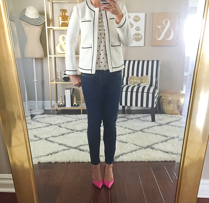 Ann Taylor petite collarless tippped jacket
