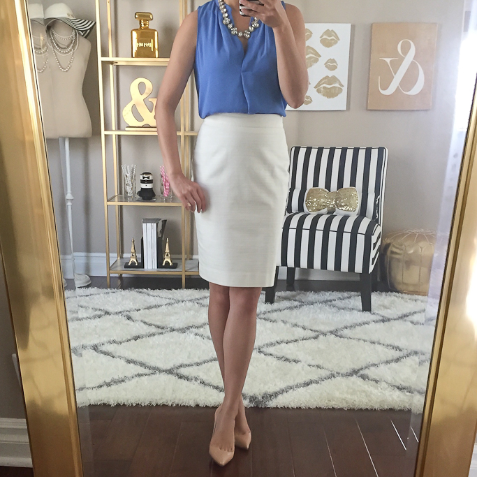 Ann Taylor white pencil skirt, Christian Louboutin pigalle nude pumps, classic Summer work outfit, Gemstone necklace, LOFT petite split neck shell
