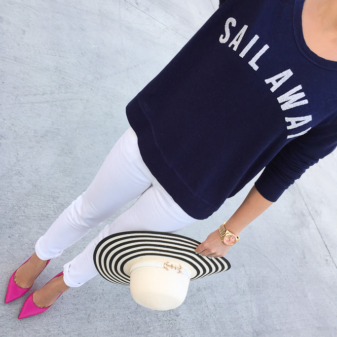 Anthropologie sail away pullover Loire floppy striped anchor hat Kate Spade lottie pumps white petite jeans