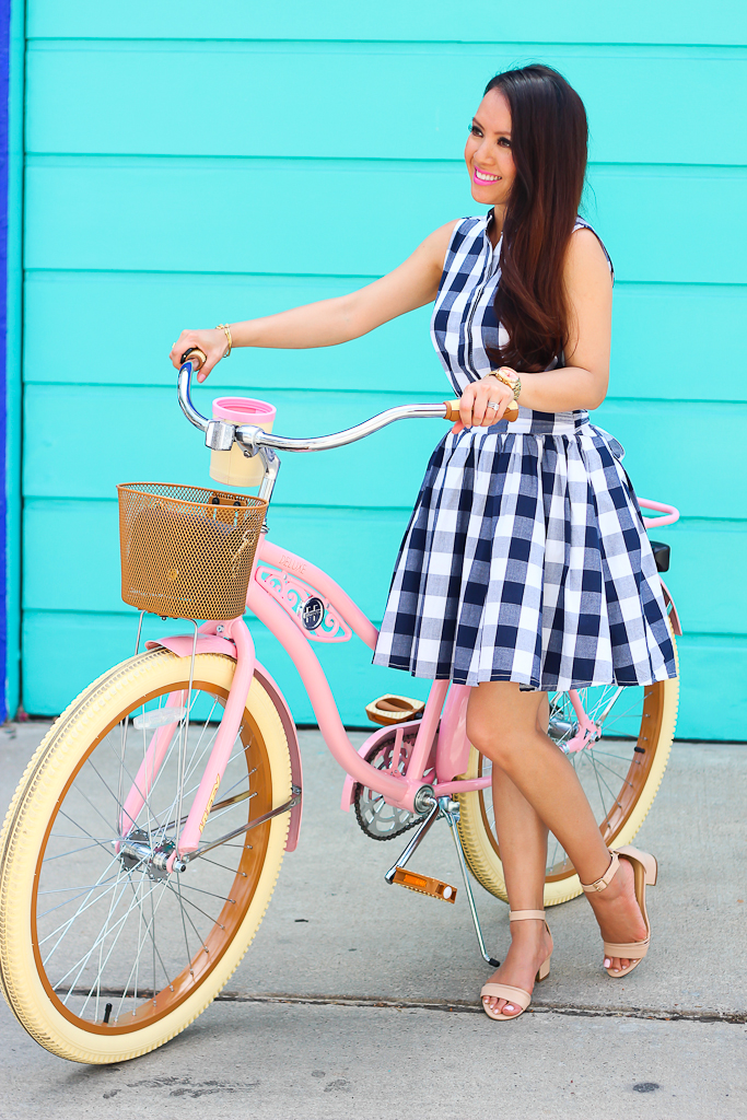 Chicwish Sassy Flare Check print dress, Talbots penny ankle sandals, Pink Huffy Cruiser bike