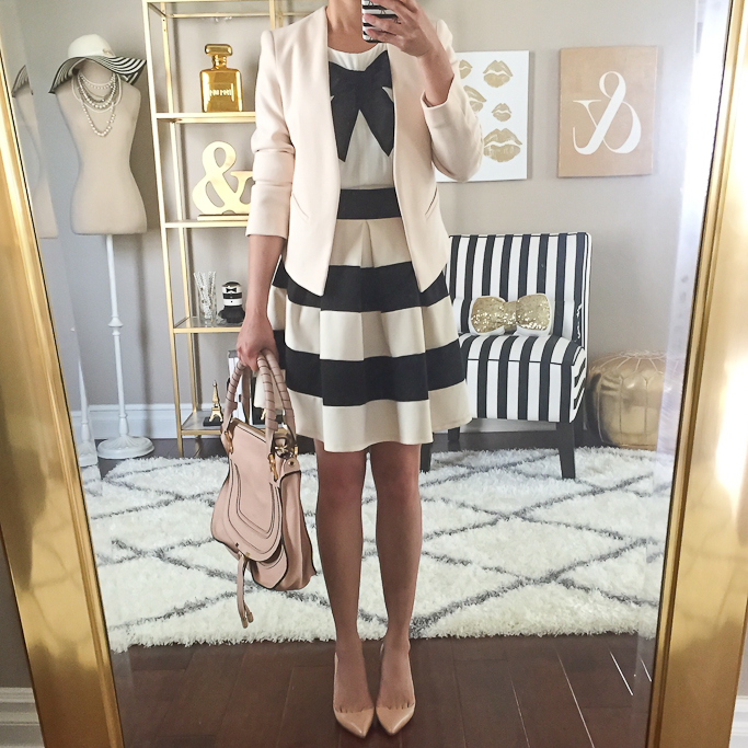 Chloe marcie small leather satchel, Christian Louboutin pigalle nude pumps, Forever 21 bow top, Modcloth stripe it lucky skirt, Summer Work Outfit, Topshop molly petite nude blazer