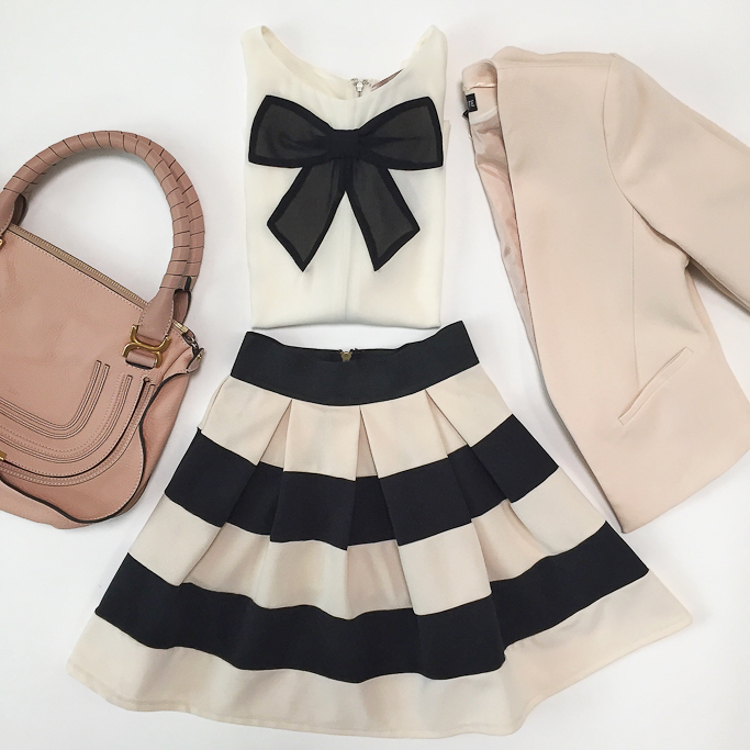Chloe marcie small leather satchel, flatlay, Forever 21 chiffon bow applique top, Modcloth stripe it lucky skirt, Topshop molly petite nude blazer
