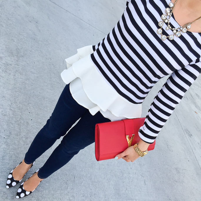 Charles by Charles David pact polka dot pumps Goodnight Macaroon fitted stripe ruffle peplum top Loft Cast Crystal Multi Strand Necklace Paige Denim Verdugo Crop Jeans YSL Y leather red clutch