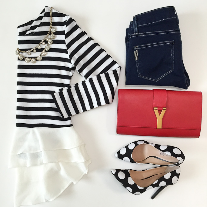 Charles by Charles David pact polka dot pumps, Goodnight Macaroon fitted stripe ruffle peplum top Loft Cast Crystal Multi Strand Necklace Paige Denim Verdugo Crop Jeans YSL Y leather red clutch