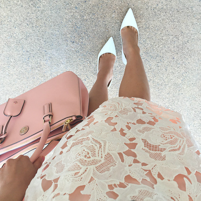 Chicwish my dear roses lace a-line midi skirt in pink, Manolo Blahnik white BB pumps, Tory Burch mini Robinson bag in pink