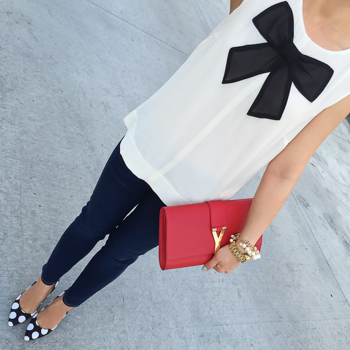 Charles by Charles David pact polka dot pumps Forever 21 chiffon bow applique top Paige Denim Verdugo Crop Jeans YSL Y leather red clutch
