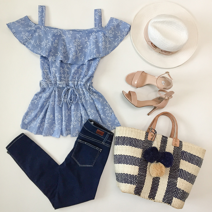 BP Luminate nude blush sandals Collins Tote Paige verdugo crop jeans PInk bow panama hat Romwe Off The Shoulder With Lace Blue Top