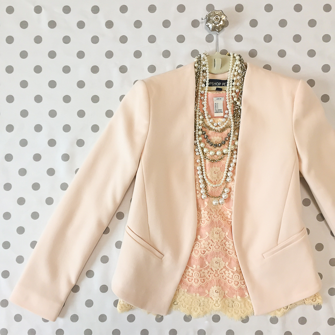 Ann Taylor crystal pearlized statement necklace, blush blazer, Forever 21 lace top, Topshop molly petite nude blazer