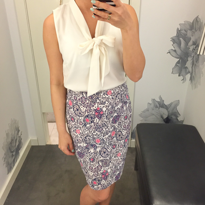 Ann Taylor paisley pencil skirt and crepe tie neck shell