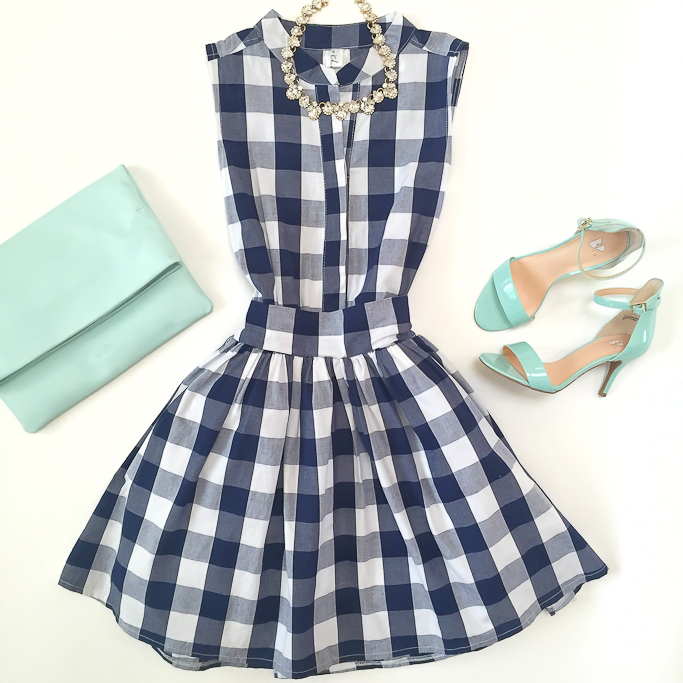 BP luminate mint sandals, Chicwish SASSY FLARE CHECK PRINT DRESS, gingham dress, Kate Spade Saturday mint leather foldover clutch, outfit flatlay