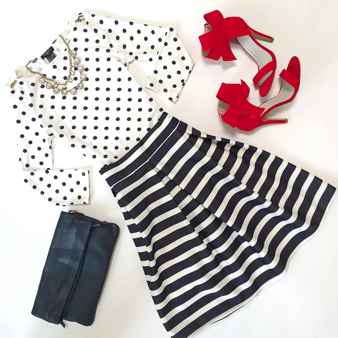 Chicwish striped tulip skirt, Ann Taylor factory polka dot boatneck tee, Navy leather foldover clutch, Red bow Sandals, Loft cast crystal necklace
