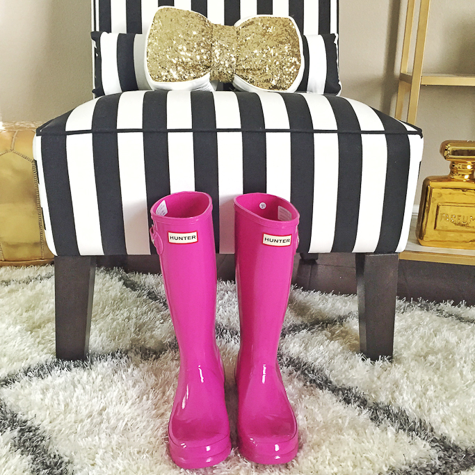 pink kids hunter boots gold bow pillow striped chair