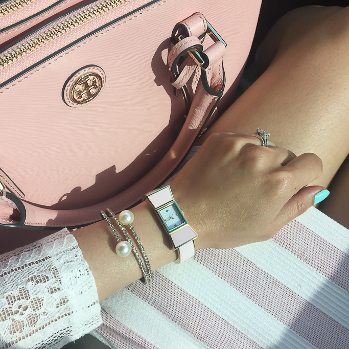 Ily Couture double wrap pearl bracelet, Kate Spade carlyle bow watch, Loft high waist striped sailor skirt, Tory Burch Mini Robinson Tote