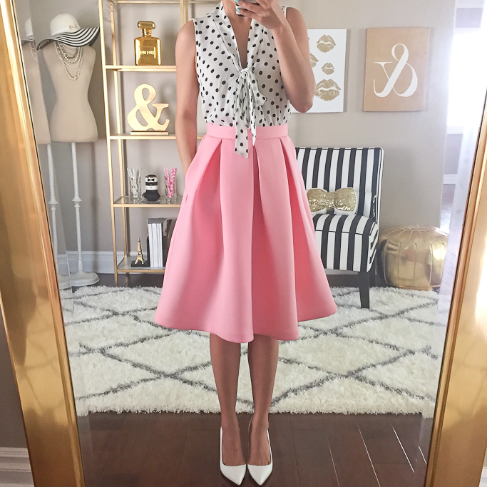 Manolo Blahnik white BB pumps Modcloth Emphasize The Adorable Skirt in Pink, Modcloth South Florida in White Dots
