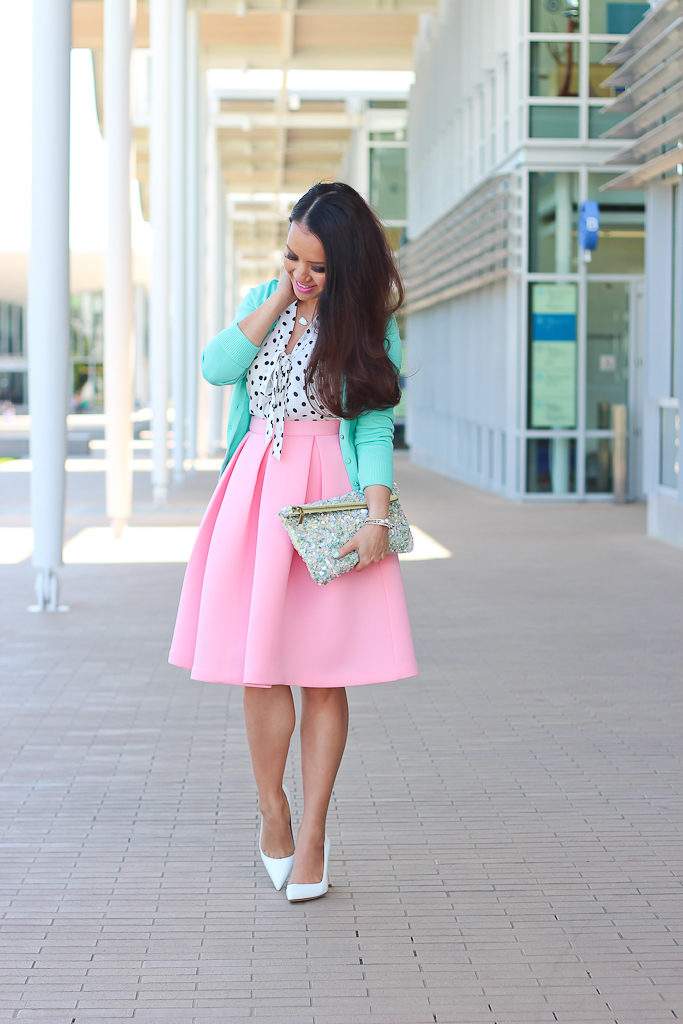 Manolo Blahnik BB white pumps Mint Cardigan Modcloth Emphasize The Adorable Skirt in Pink Modcloth South Florida spree in white dots zara mint sequin clutch