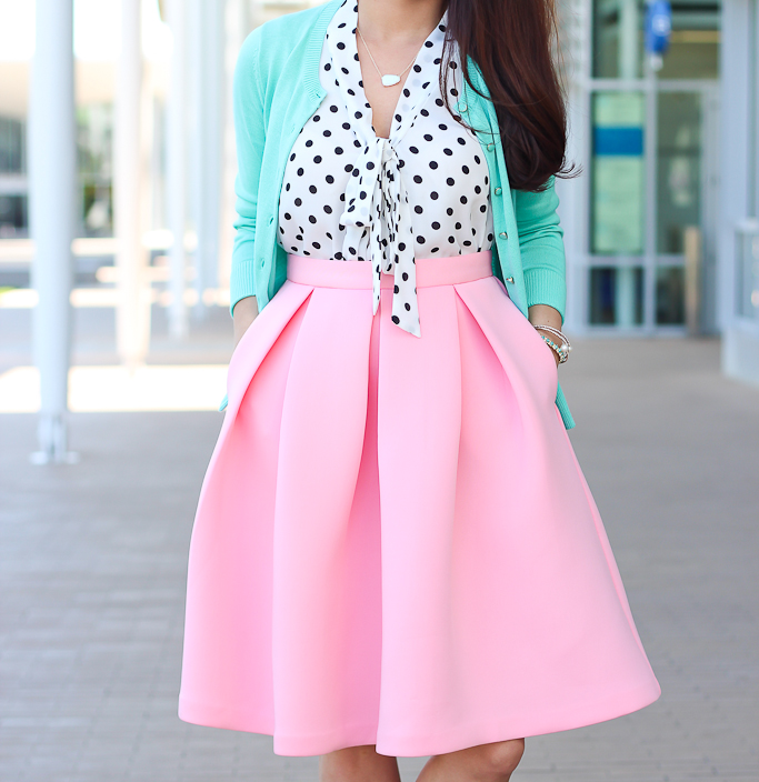 Manolo Blahnik BB white pumps Mint Cardigan Modcloth Emphasize The Adorable Skirt in Pink Modcloth South Florida spree in white dots zara mint sequin clutch