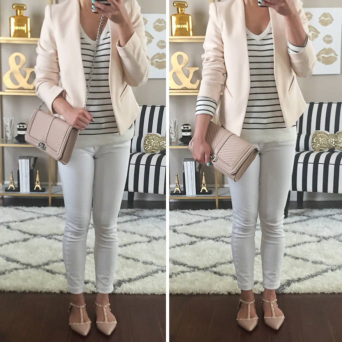BP striped pullover Halogen Olson Pointy Toe Studded T-Strap Flat Paige Denim Verdugo Crop white jeans Rebecca Minkoff chevron quilted love clutch Topshop molly petite nude blazer