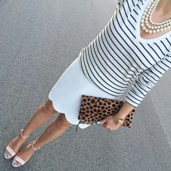 BP luminate  sandals BP striped pullover Clare V leopard foldover clutch, Three strand pearl necklace Topshop scallop hem skirt