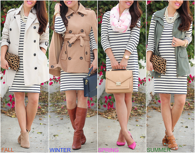 4 ways to wear a striped dress, Burberry trench coat and striped dress, camel cape and striped dress, Clare V leopard foldover clutch, cognac boots, flamingo scarf and striped dress, Kate Spade lottie pink pumps, maternity style, petite maternity, striped dress and utility vest, suede ankle booties