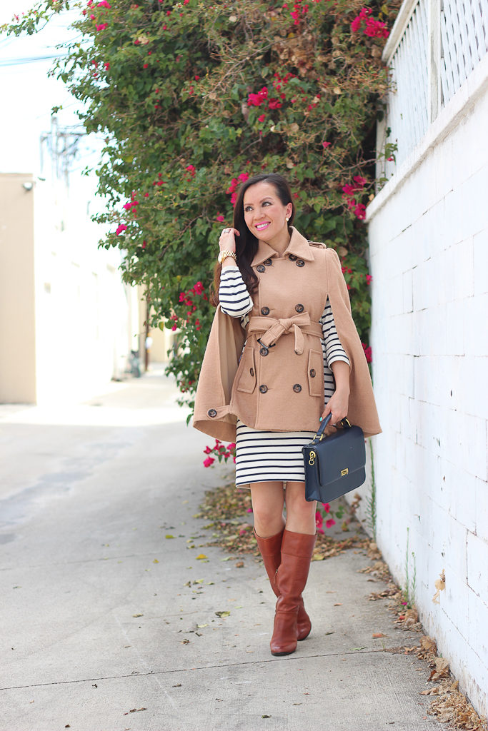 4 ways to wear a striped dress, Burberry trench coat and striped dress, camel cape and striped dress, Clare V leopard foldover clutch, cognac boots, flamingo scarf and striped dress, Kate Spade lottie pink pumps, maternity style, petite maternity, striped dress and utility vest, suede ankle booties