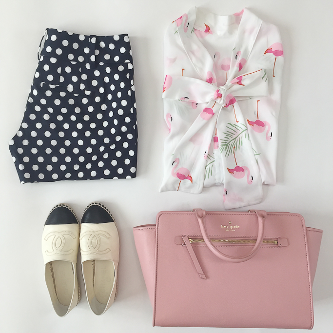 Polka dot shorts Flamingo print tie bow neck blouse Chanel espadrilles Kate Spade pink purse